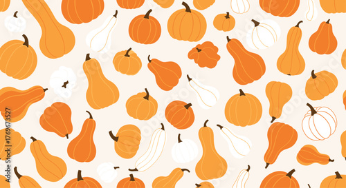 Autumn-themed pattern featuring an assortment of pumpkins and squashes in various shapes and colors on a light background; perfect for fall designs.