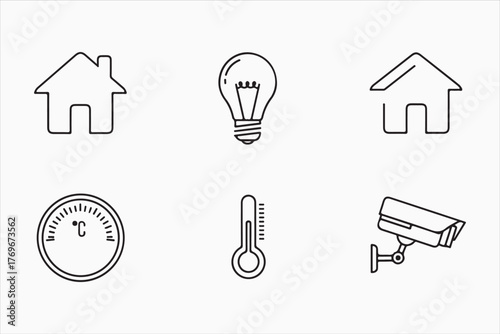 Smart home automation system icons house, light bulb, thermometer, temperature gauge, and security camera