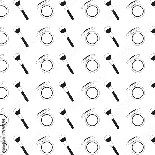 Seamless black and white pattern cosmetics. Powder and powder brush. Outline vector art