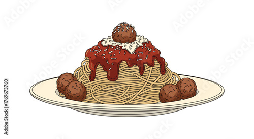 A delicious illustration of spaghetti and meatballs served on a plate, ready to be eaten.