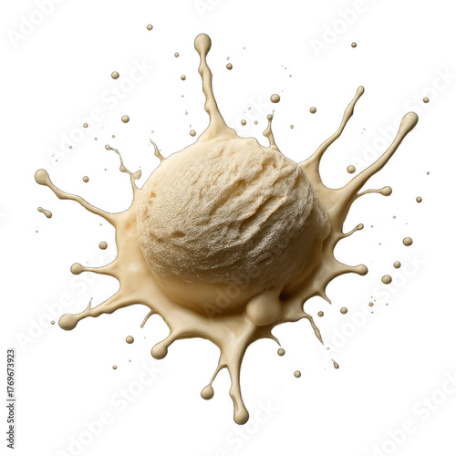 Dynamic vanilla ice cream scoop splashes, creating a creamy eruption with airborne droplets. Visually captivating, it highlights smooth texture and refreshing appeal against a warm beige background. F