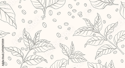 Elegant seamless pattern of coffee plant with leaves and beans on a cream background.