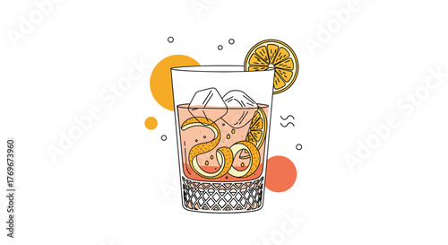 Illustration of a refreshing cocktail with ice, orange peel and slice in a glass.