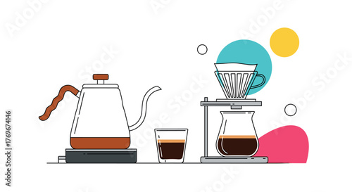 Illustration of a pour over coffee brewing set up with a kettle and glass of coffee.