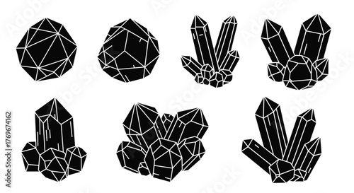 A collection of stylized black and white drawings of various crystals and gemstones.