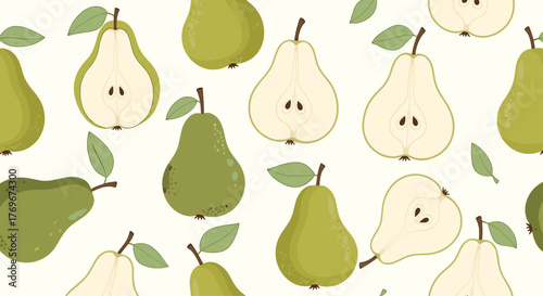 Seamless pattern with green pears, leaves, and half pears in a light cream background, perfect for various creative designs and projects.