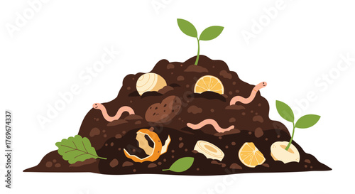 A compost pile showing food scraps like onion, citrus fruit, and other organic matter with sprouts and worms; illustrating recycling.