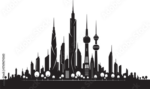 Modern City Skyline Silhouette with Skyscrapers and Urban Architecture on White Background