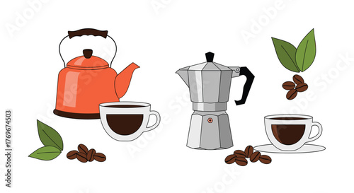 A colorful illustration shows an orange teapot and a metal Moka pot accompanied by cups of coffee, leaves, and coffee beans.