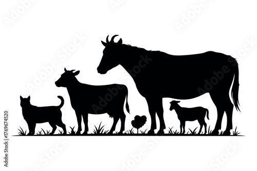 Silhouette of cat cow horse and sheep standing in grass on white background
