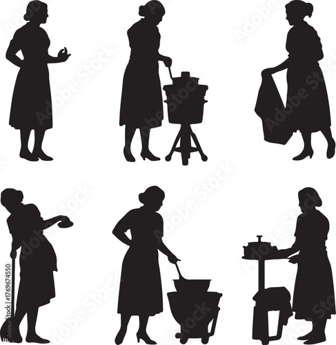 Six Black Silhouettes Of A Woman In A Vintage Dress Performing Various Household Tasks Keywords: silhouette, woman, female, vintage, retro, domestic, chore, housework, cleaning, maid, servant