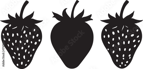 Three Black Silhouette Strawberries One With Seeds And Two Solid On White Background Keywords: strawberry, fruit, silhouette, black, white, food, sweet, healthy, organic, fresh, natural, isolated