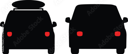 Two black car silhouettes viewed from the front, one with a roof rack automobile vehicle