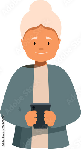 Happy elderly woman holding smartphone, enjoying modern technology and online communication