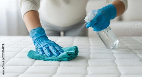 Person in blue gloves cleaning a mattress with a spray bottle and cloth