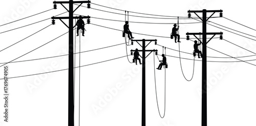 Three utility pole silhouettes with power lines, human figures, electricity distribution system, urban energy grid, voltage infrastructure, industrial network, surreal artistic composition