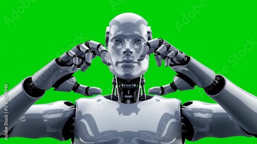Humanoid robot head and shoulders shown on a green screen background.