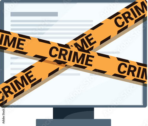 Computer monitor with crime scene tape across the screen, suggesting a cyber crime or data breach investigation