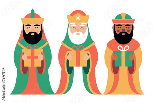 Three wise men illustration holding gifts in robes on a white background