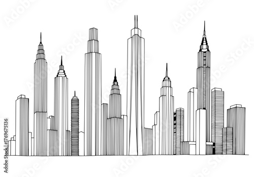 Cityscape Illustration of Skyscraper Buildings in Line Art Style
