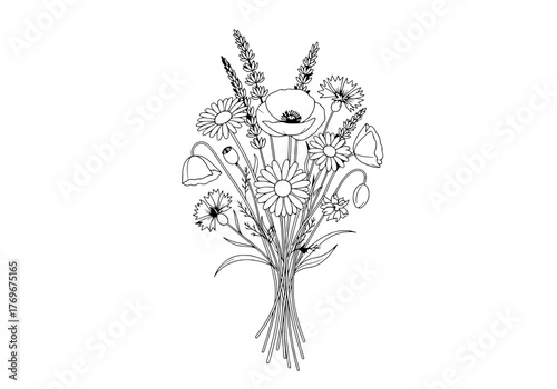 Hand-drawn wild flower bouquet line art illustration for coloring and design projects