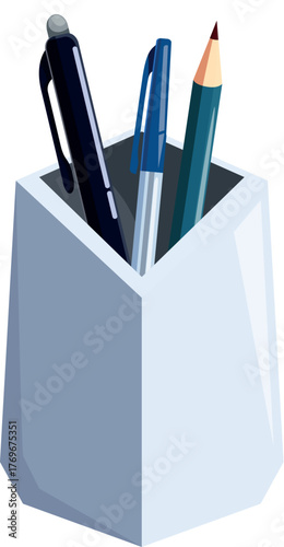 Pens and a pencil resting in a stylish, modern pen holder, ready for work or creative tasks