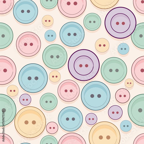 Pastel seamless pattern with cute buttons, flat vector illustration, minimalist and cozy design, for printing on fabric and textiles