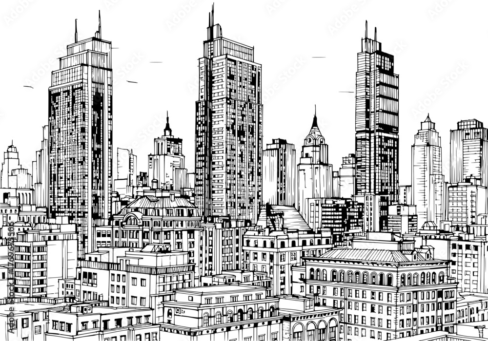 Fototapeta premium Hand-drawn black and white cityscape illustration with modern tall skyscrapers