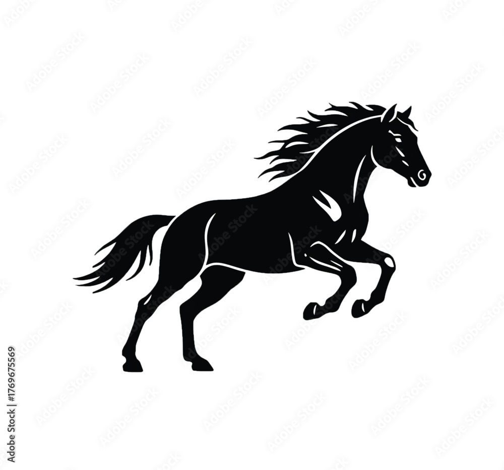 Obraz premium Elegant black running horse silhouette vector illustration of a powerful galloping stallion with flowing mane, minimalist animal design on white background, perfect for logos, tattoos, emblems, poster