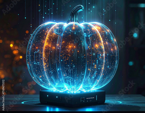 A hologram of blue and orange pumpkin turkey on a dark background