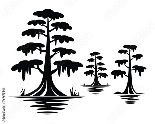 Silhouette of Cypress Trees Reflected in Water, Digital Art