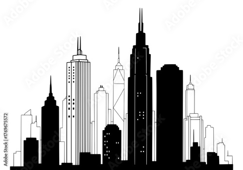 Dynamic urban skyline vector illustration with modern tall buildings and skyscrapers for design