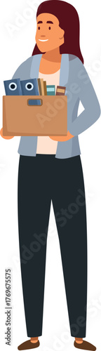 Smiling businesswoman holding a cardboard box with office supplies is leaving the office after being fired or is starting a new job