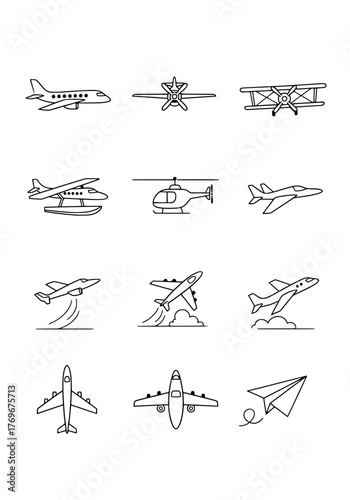 Set of various aircraft and paper airplane icons for aviation and travel