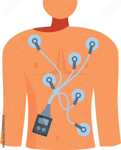 Holter monitor attached to patient's chest, recording heart activity over an extended period