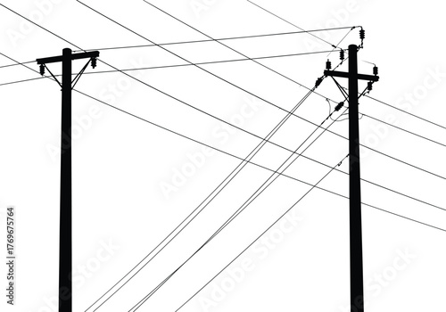 Two utility pole silhouettes with crossarms, insulators, power lines, electricity distribution system, urban energy grid, voltage infrastructure, industrial network, black outline background