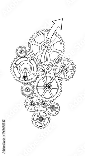 Gear mechanism illustration showing growth with light bulb and upward arrow