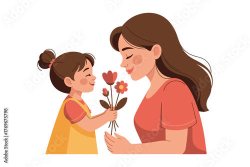 A cartoon of a young girl giving her mother a bouquet of flowers with love