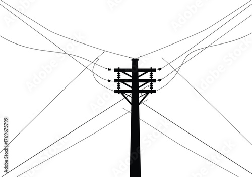 Utility pole silhouette with crossarms, insulators, power lines, electricity distribution system, urban energy grid, voltage infrastructure, industrial network, symmetrical outline background