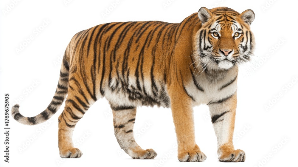 Obraz premium A splendid tiger displays its striking stripes while standing tall in a bright environment.