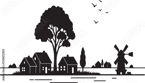 Countryside Village Silhouette Landscape with Tree, Windmill, and Flying Birds on White Background