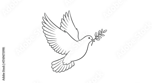 A graceful outline of a dove carrying an olive branch, symbolizing peace and hope, set against a pristine white background.