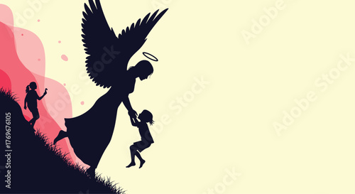Silhouette of an angel gently helping two children climb a grassy hill.