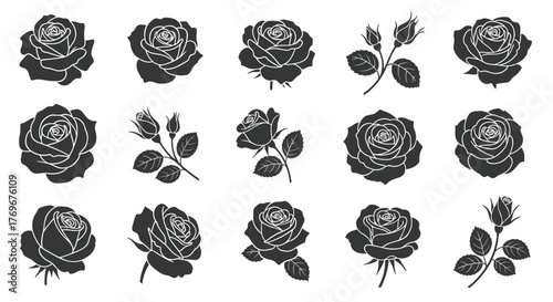 Collection of stylized rose silhouettes in various arrangements and single bloom forms.