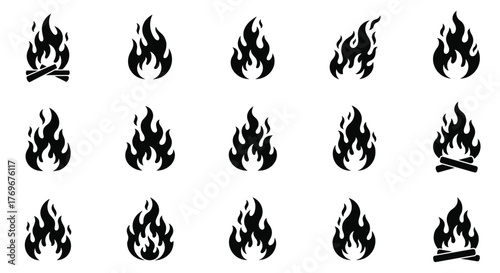 Collection of stylized fire illustrations in various shapes, depicting flames, campfires, and infernos, ideal for symbolic design elements.