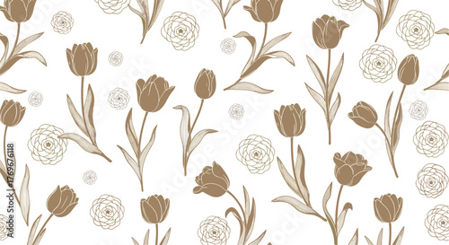 Pattern of hand-drawn brown tulips and ranunculus flowers on a white background.
