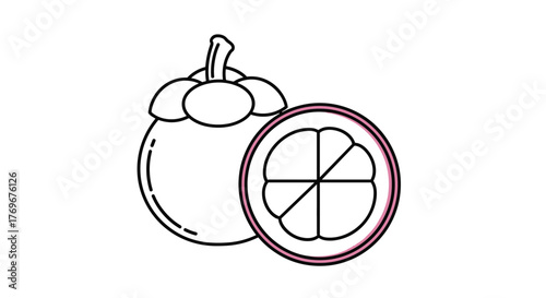 A stylized illustration of a whole and sliced mangosteen fruit, showing the inside segments.