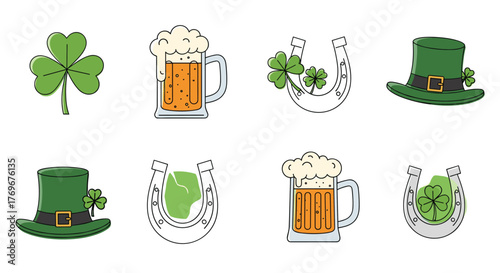 A delightful set of colorful St. Patrick's Day illustrations featuring shamrocks, beer, leprechaun hats, and lucky horseshoes.