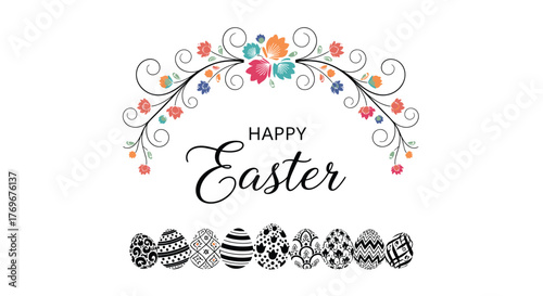 Easter-themed design featuring floral elements, the greeting \.