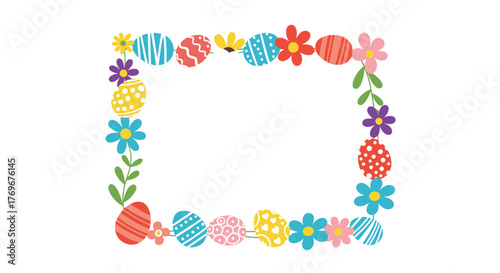 Festive Easter egg and flower border with a blank rectangular space in the middle.